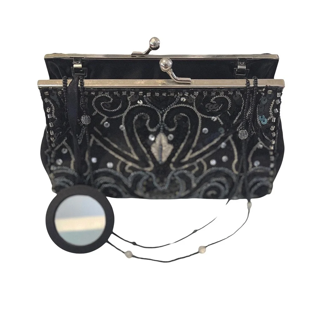 Valerie Stevens Black Beaded Sequin Clutch Evening Handbag Kiss Lock Chain Strap